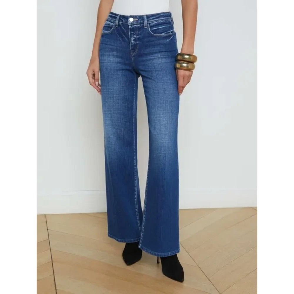 L'Agence Alicent High Rise Wide Leg Jeans Desoto Blue Wash 33x25.5 Ankle Cropped